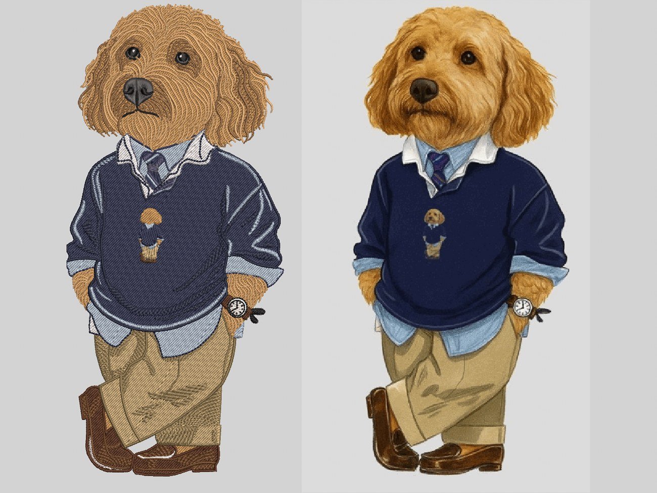 Preppy doodle dog portrait — embroidery digitizing beside the original illustration
