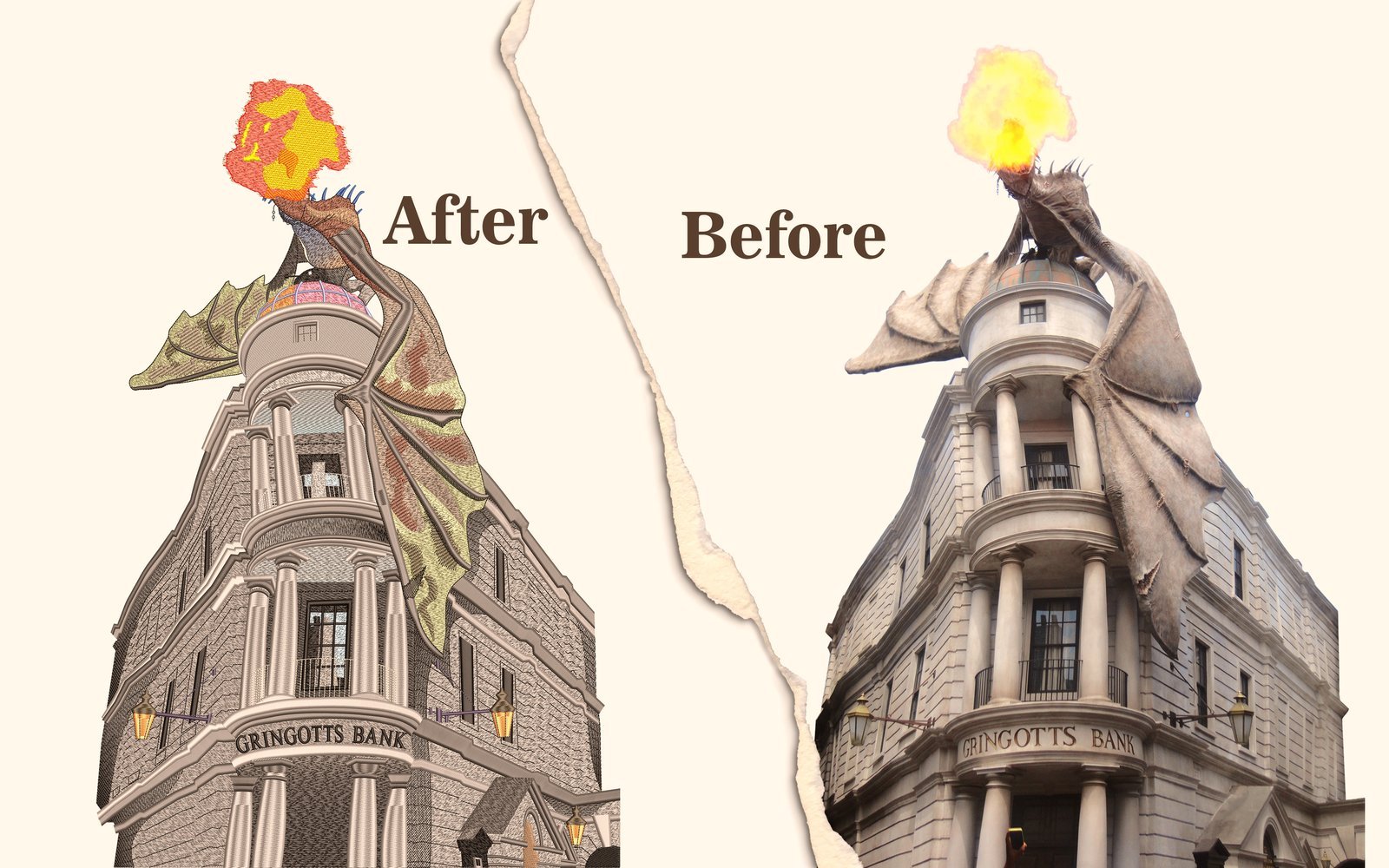 Dragon over Gringotts Bank — before and after embroidery digitizing