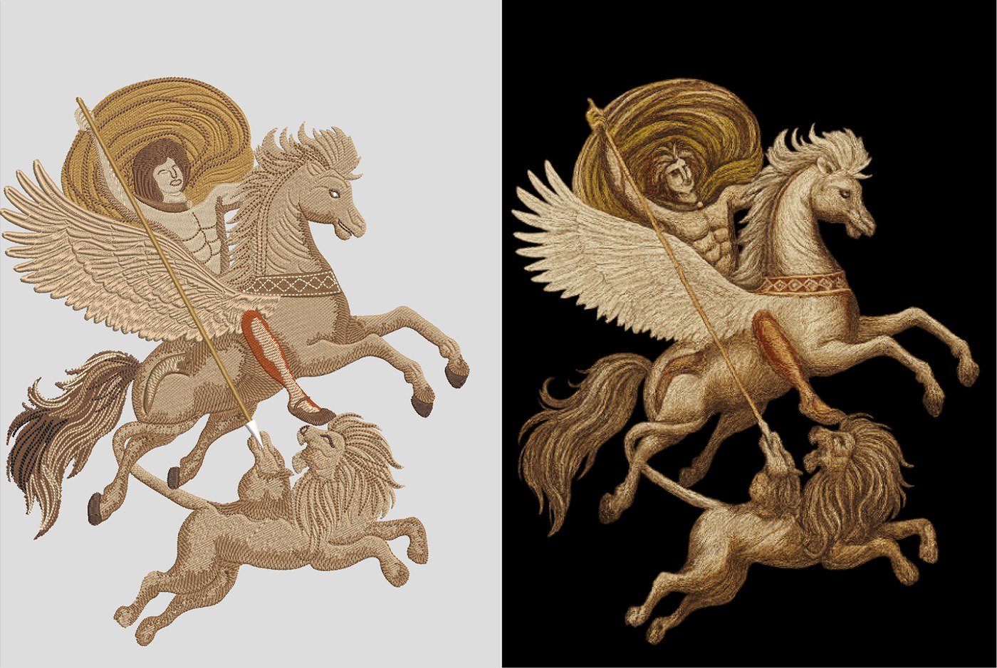 Bellerophon riding Pegasus — finished hand-digitized embroidery beside the original artwork